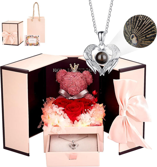Eternal Love Bundle: Preserved Red Rose Moss Bear Gifts with LED Light, and 925 Sterling Silver 'I Love You' Necklace