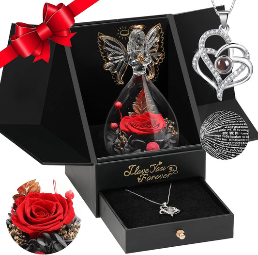 Eternal Love Collection: Preserved Forever Rose, I Love You Necklace in 100 Languages, Glass Angel Figurine